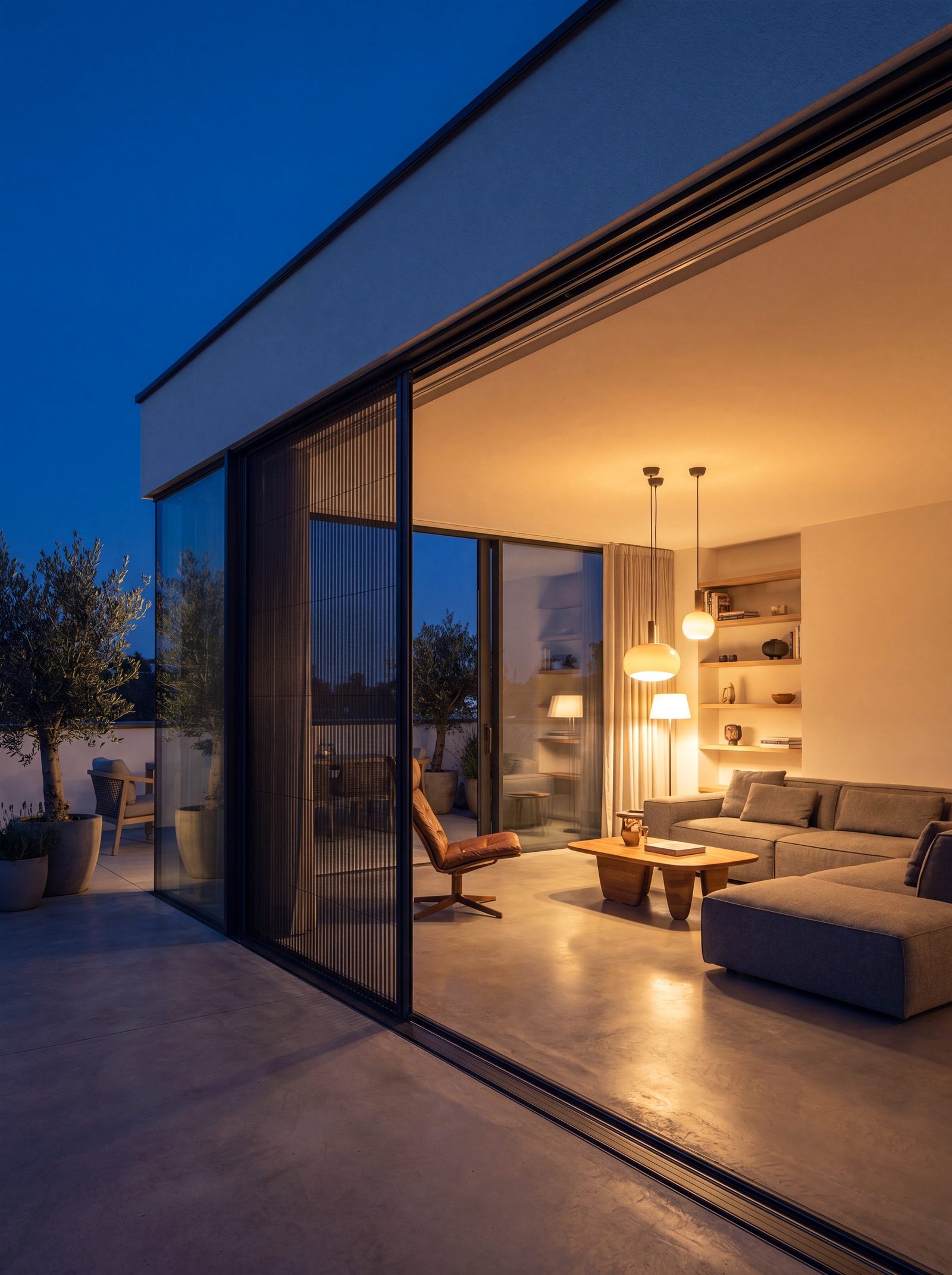 EUMESH screens on a modern villa at dusk